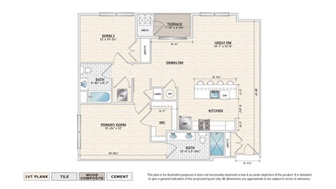 Floor plan for 2 beds, 2 baths, 1227 sqft